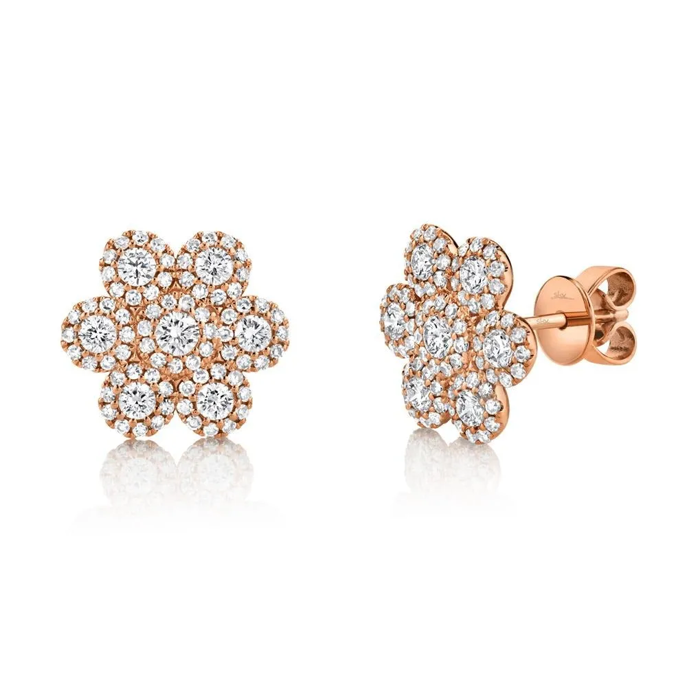 14k Gold 0.95Ct Diamond Flower Cluster Earring, Available in White, Rose and Yellow Gold