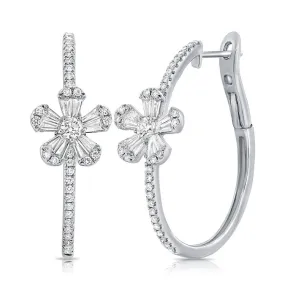 14k Gold 1.30Ct Baguette 20, and Round 70 Diamond Flower Hoop Earring, available in White, Rose and Yellow Gold