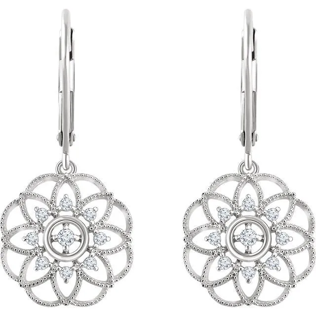 14KT 1/5 CTW DIAMOND FLOWER GRANULATED FILIGREE EARRINGS