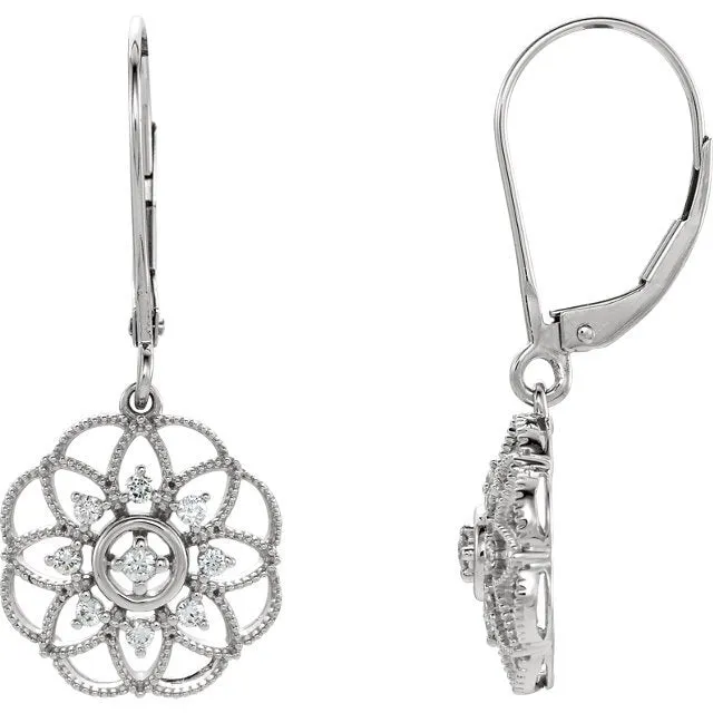 14KT 1/5 CTW DIAMOND FLOWER GRANULATED FILIGREE EARRINGS