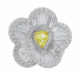 18k White Gold Flower Swirl White and Yellow Diamond Ring