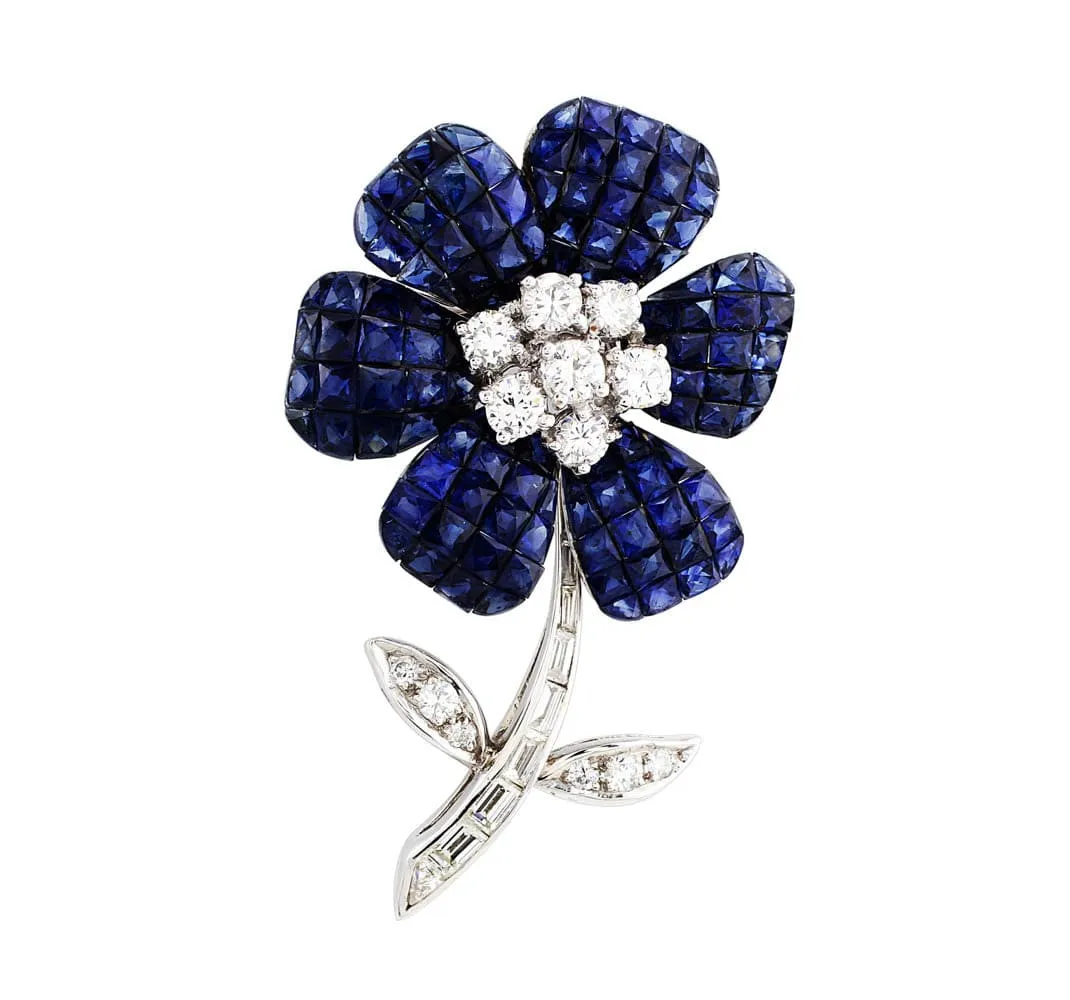 18k White Gold Invisible Set Sapphire Diamond Flower Pin