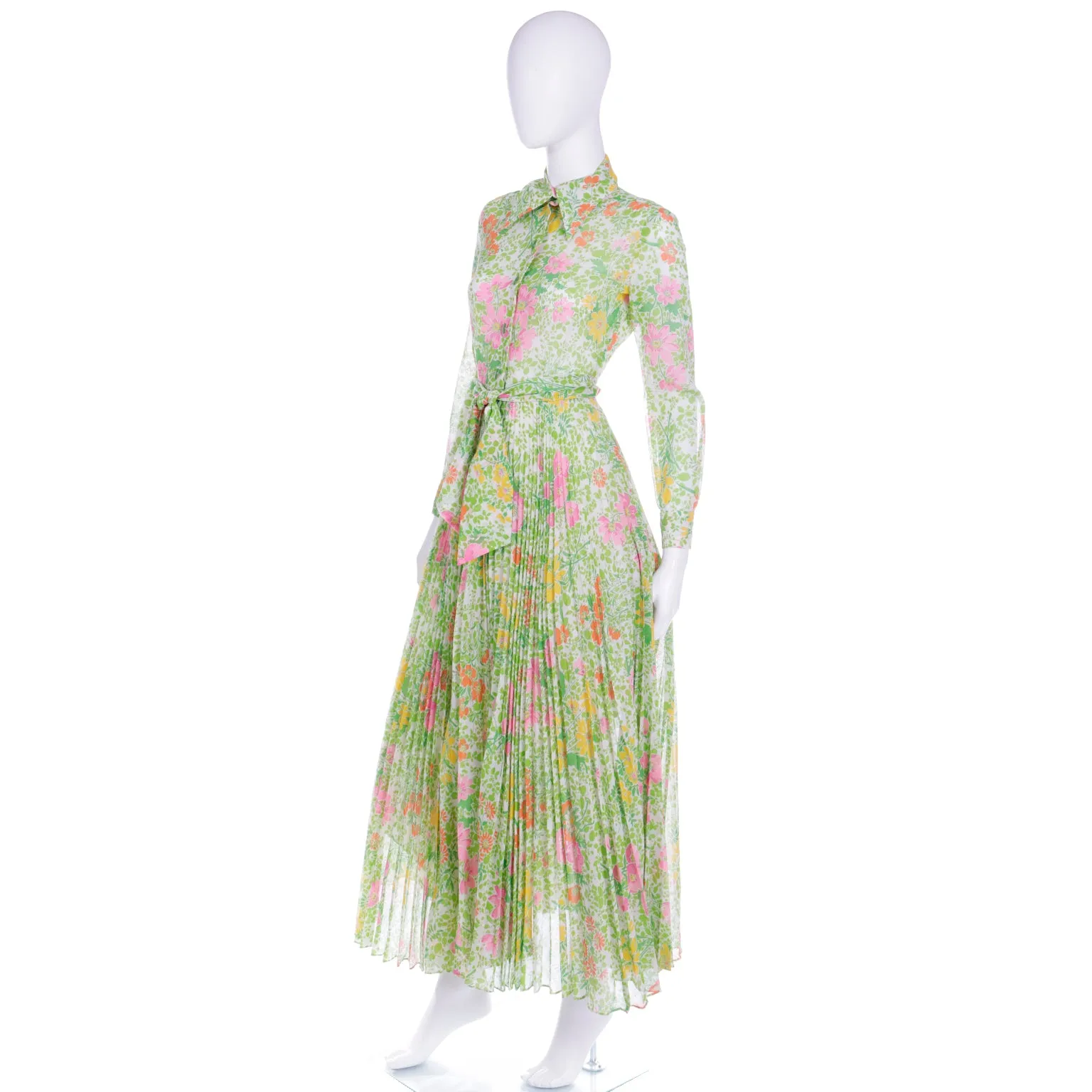 1970s Accordion Pleated Pink Green & Yellow Floral Maxi Dress