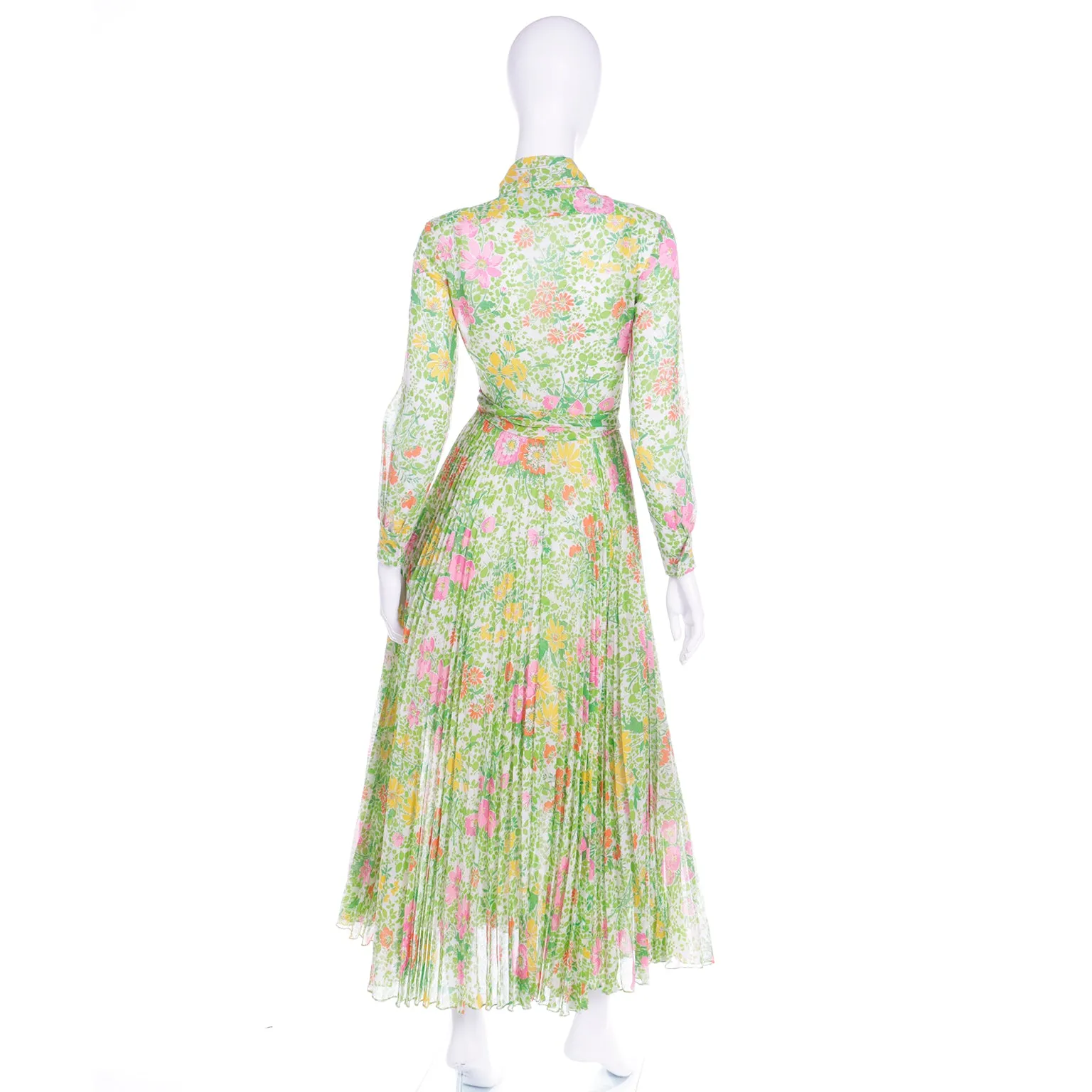 1970s Accordion Pleated Pink Green & Yellow Floral Maxi Dress