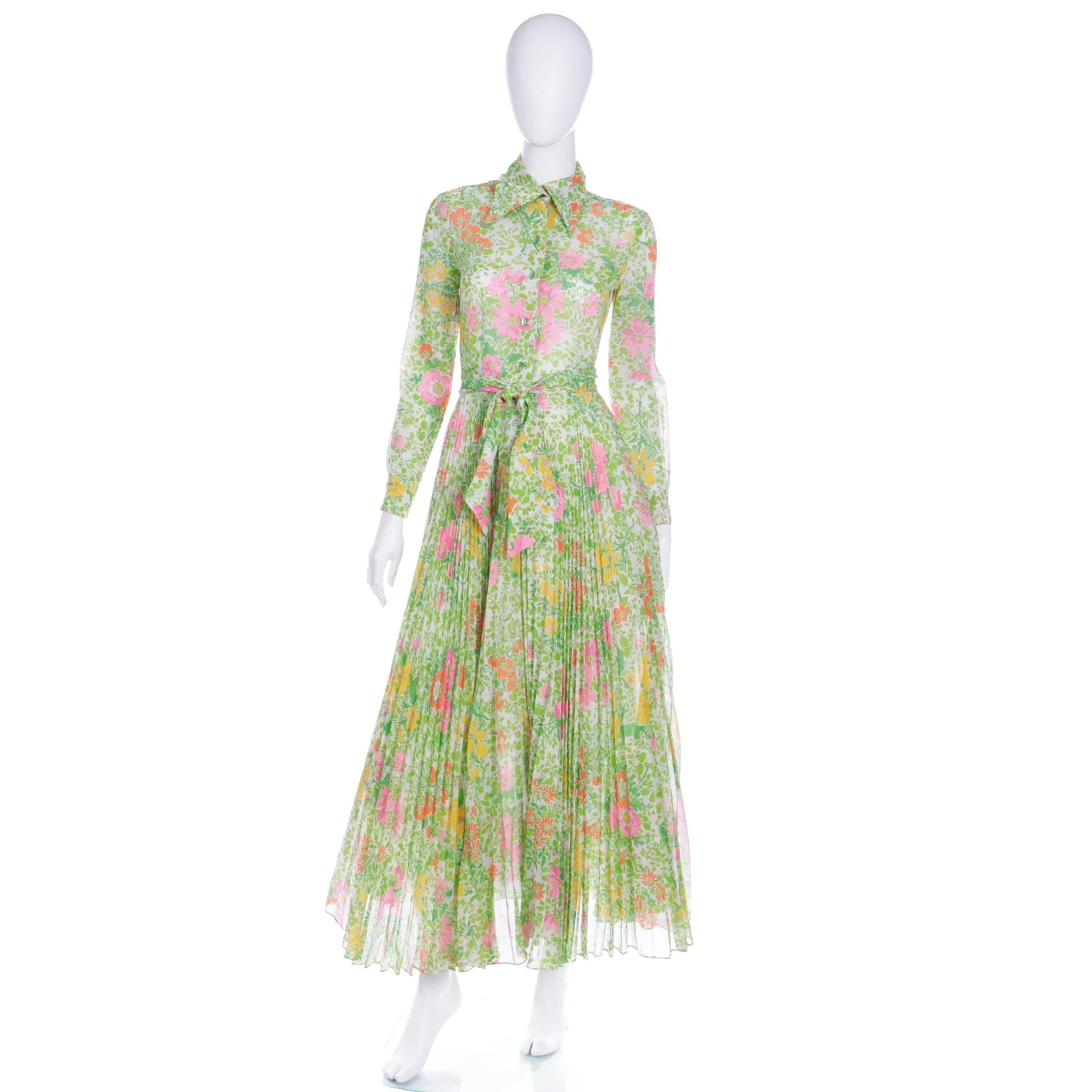 1970s Accordion Pleated Pink Green & Yellow Floral Maxi Dress