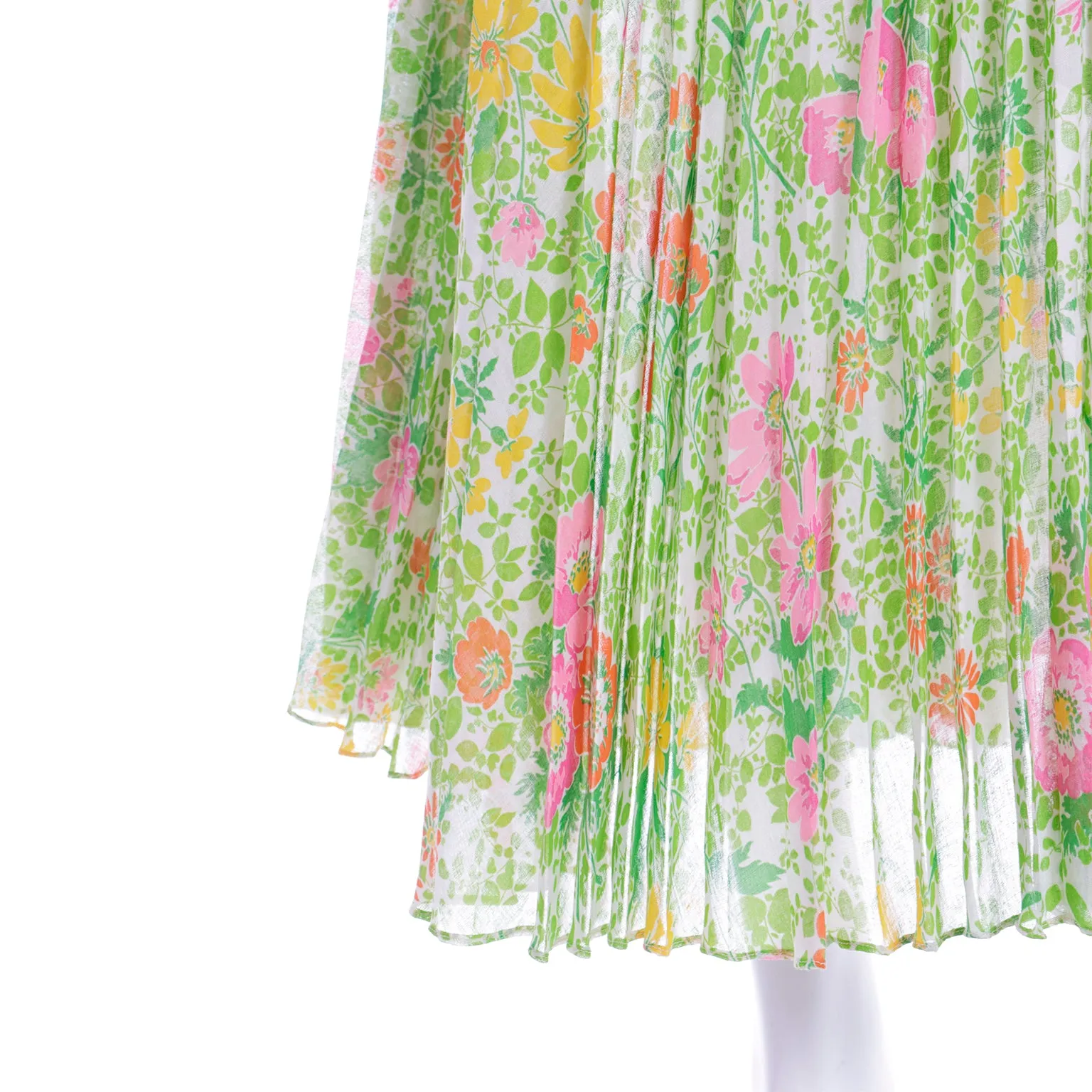 1970s Accordion Pleated Pink Green & Yellow Floral Maxi Dress