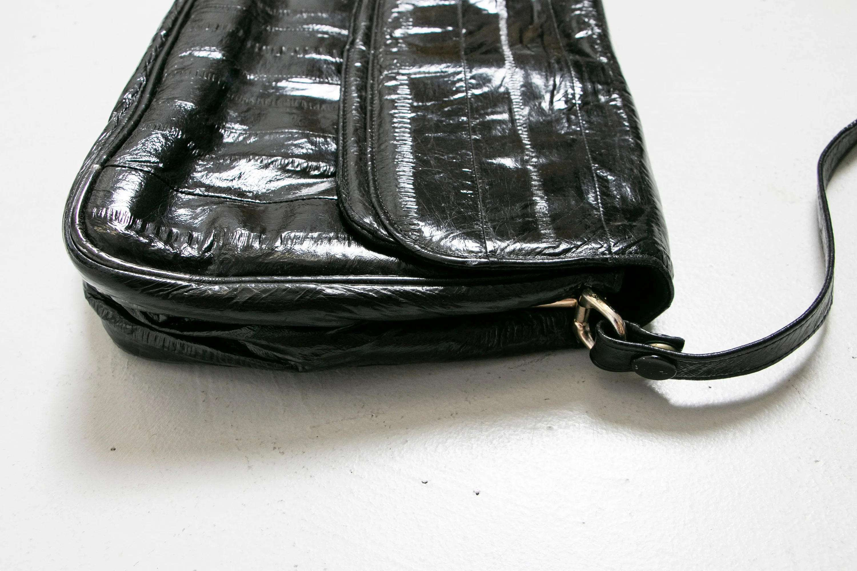 1980s EEL Skin Purse Black Shoulder Bag 80s