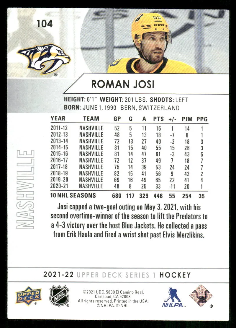 2021-22 Upper Deck #104 Roman Josi