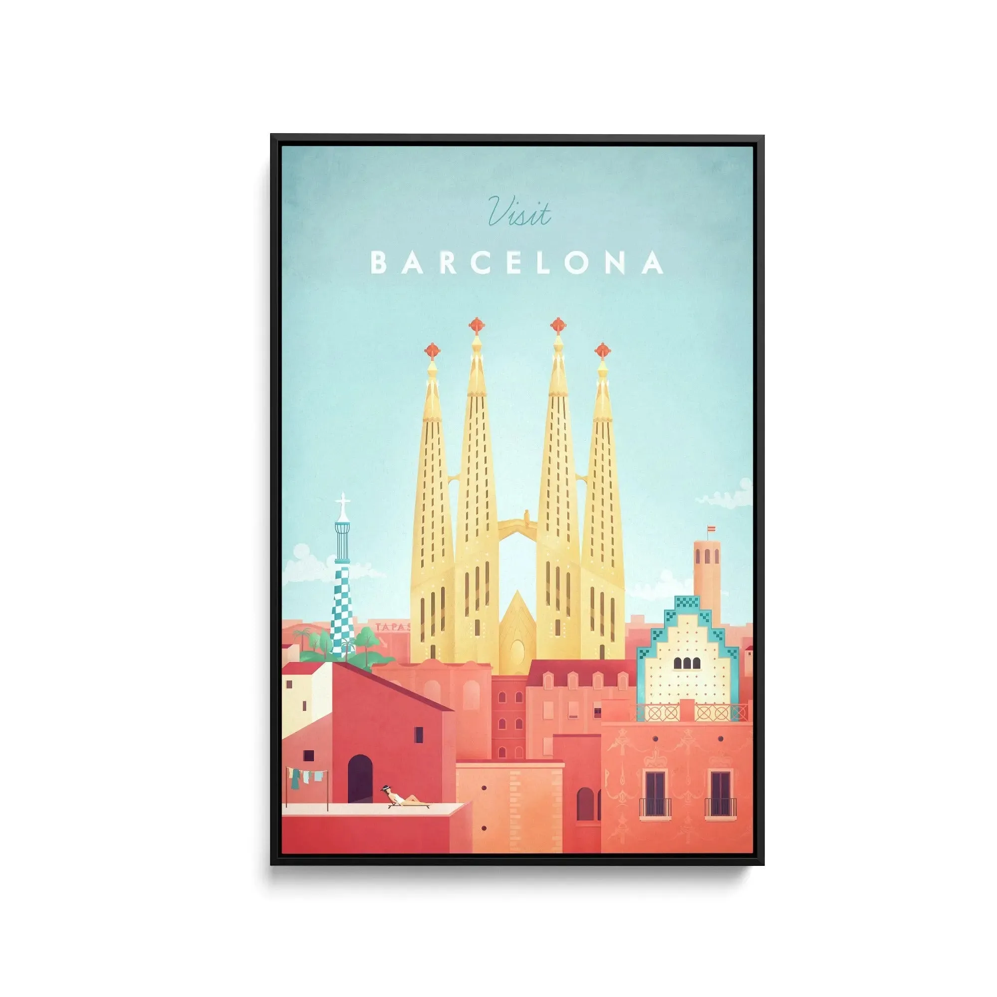 Barcelona by Henry Rivers - Stretched Canvas Print or Framed Fine Art Print - Artwork- Vintage Inspired Travel Poster