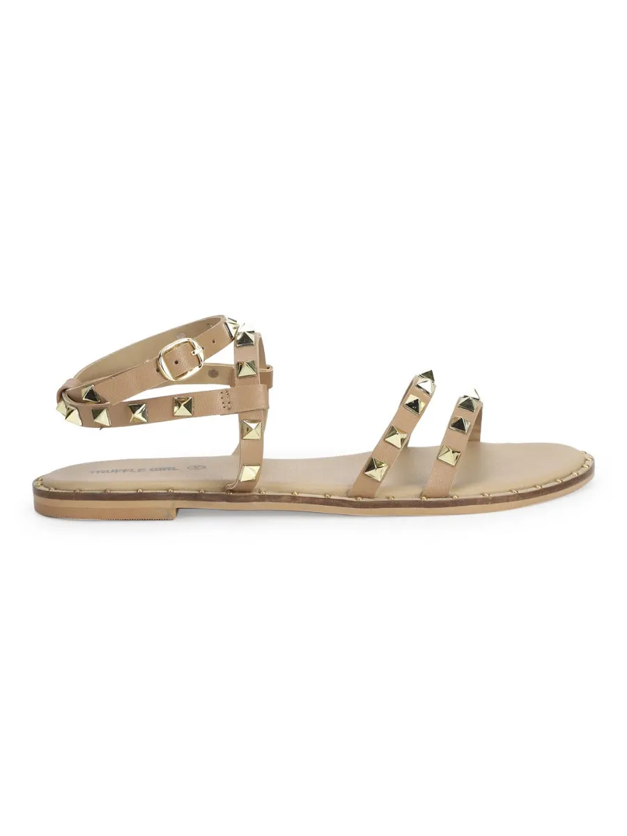 Beige PU Studded Flat Sandals