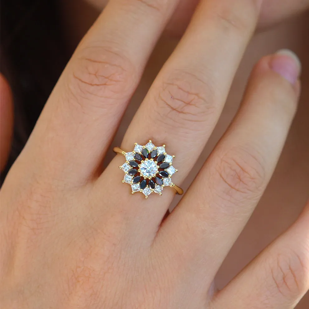 Black and White Diamond Engagement Ring - Flower Diamond Cluster Ring