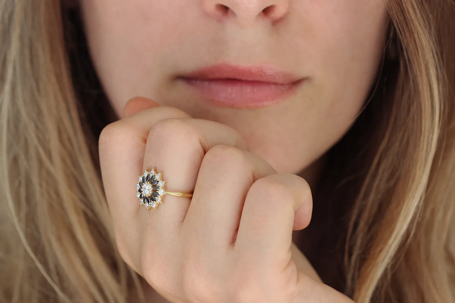 Black and White Diamond Engagement Ring - Flower Diamond Cluster Ring