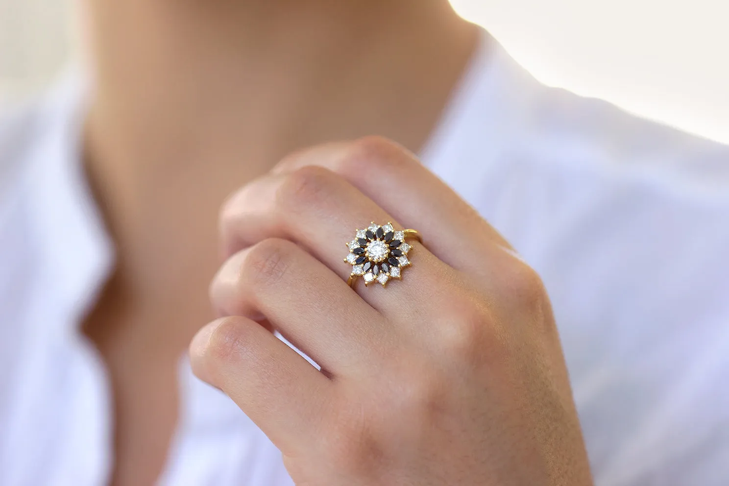 Black and White Diamond Engagement Ring - Flower Diamond Cluster Ring