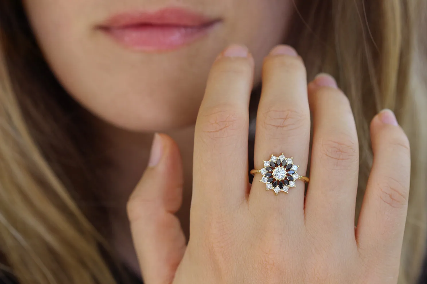 Black and White Diamond Engagement Ring - Flower Diamond Cluster Ring