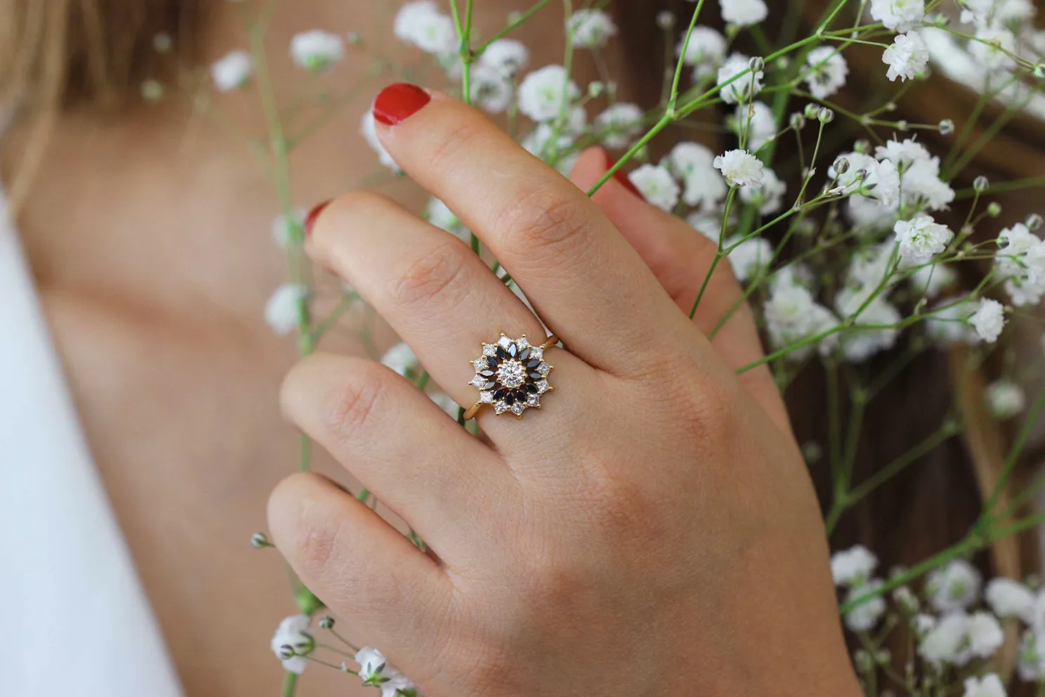 Black and White Diamond Engagement Ring - Flower Diamond Cluster Ring