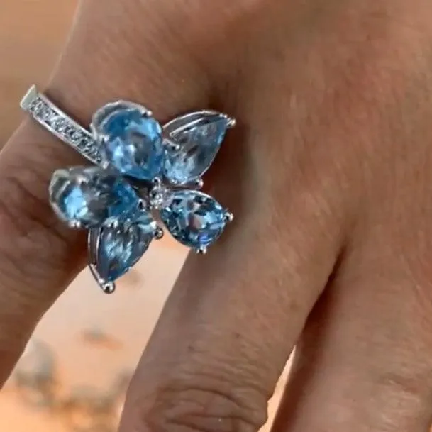 Blue Topaz Pear Flower Ring