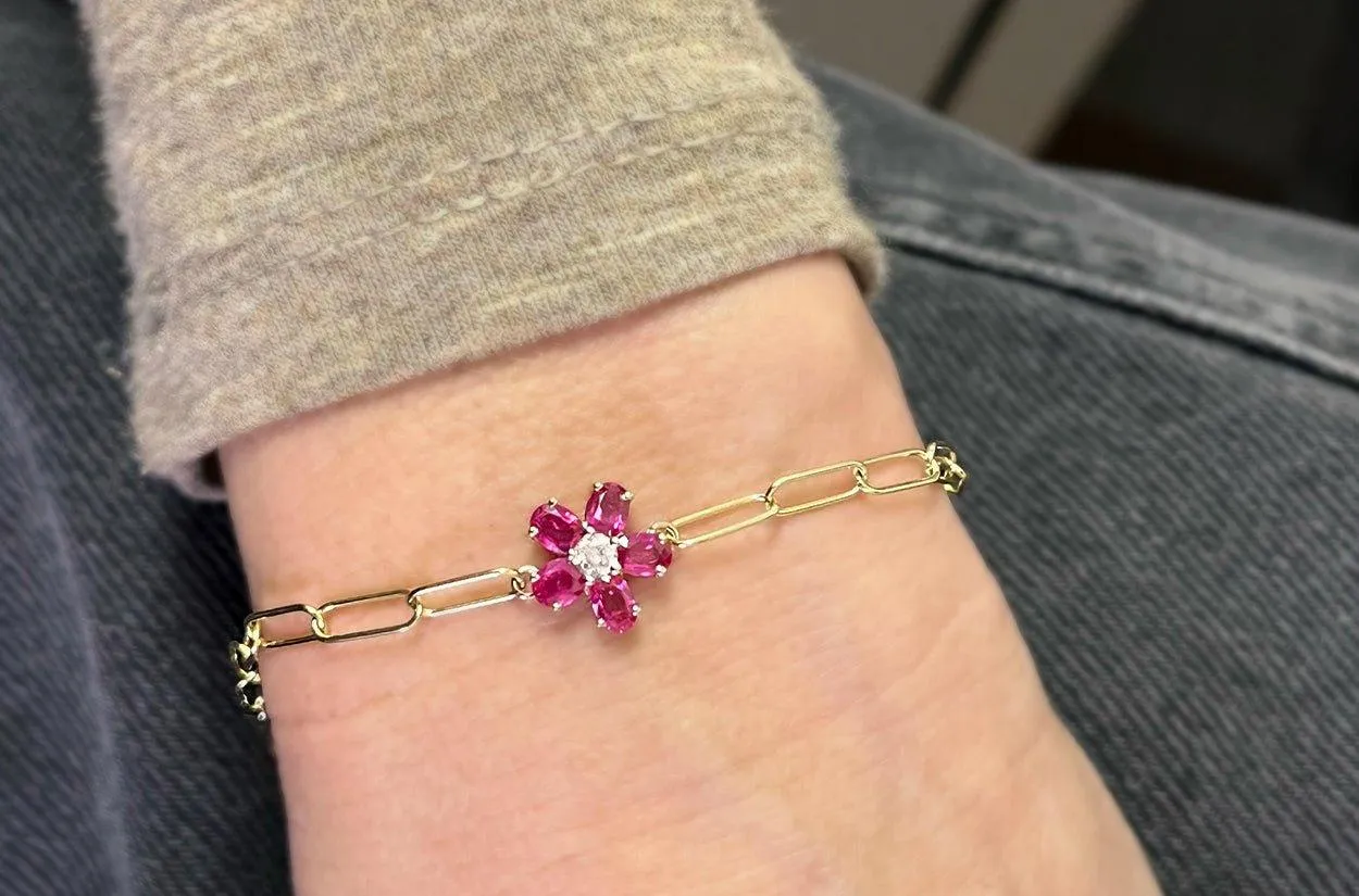 Bracelet 14kt Gold Paper Clip & Ruby Flower