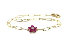 Bracelet 14kt Gold Paper Clip & Ruby Flower