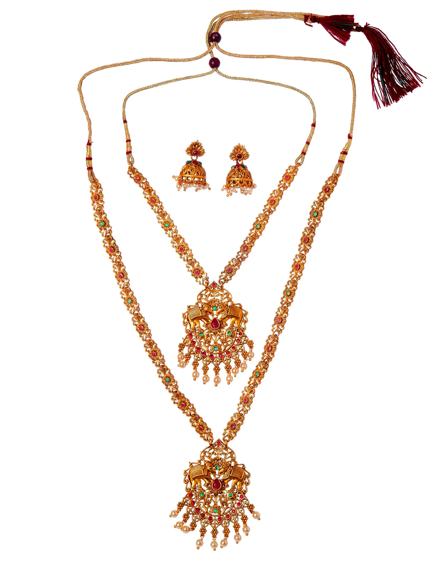 Combo of 2 Red Stone Studded Gold Plated Handcrafted Temple Necklace Set