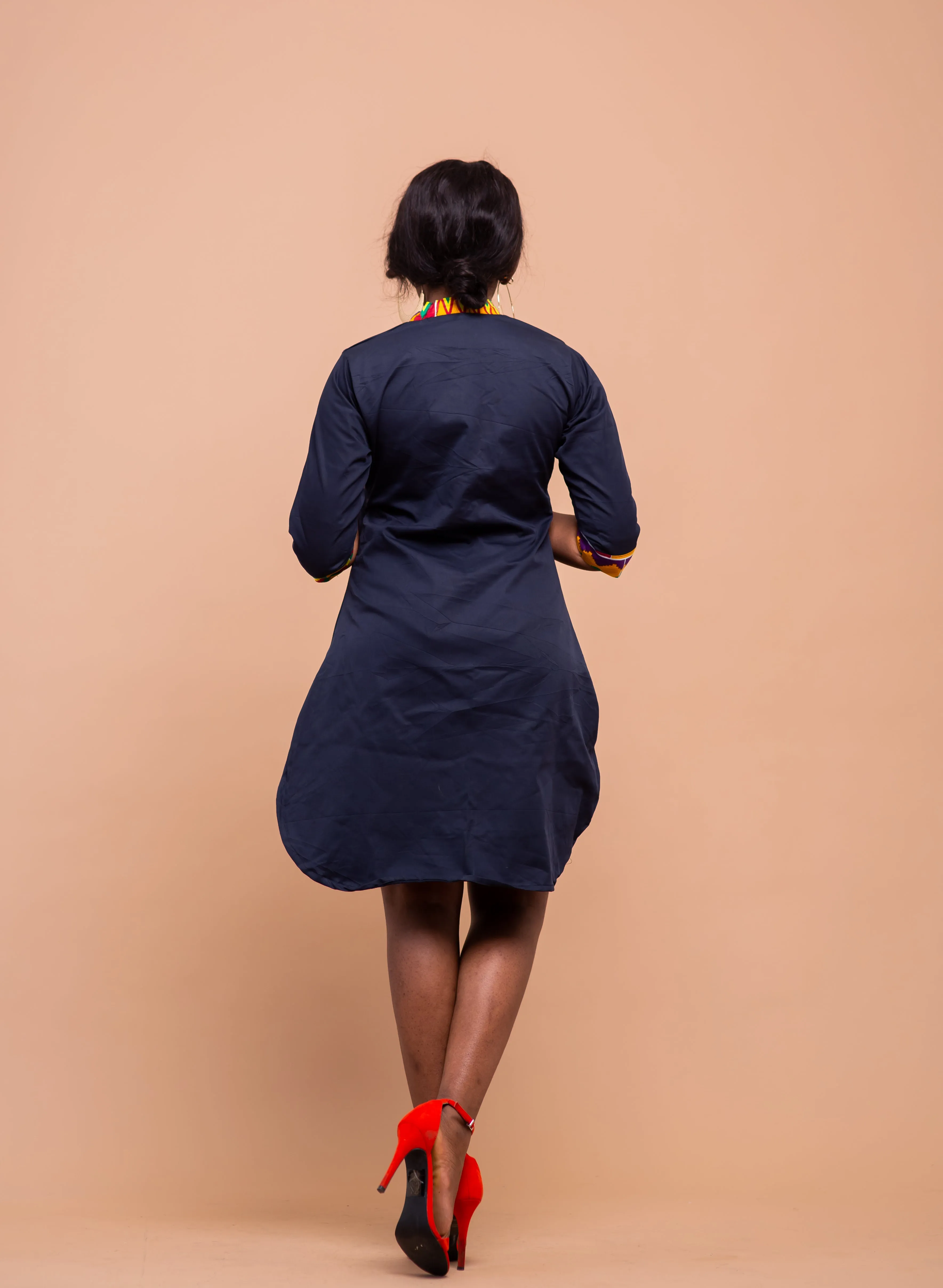 Dalton Midi Dress | Navy Blue and Ankara Mixed African Print