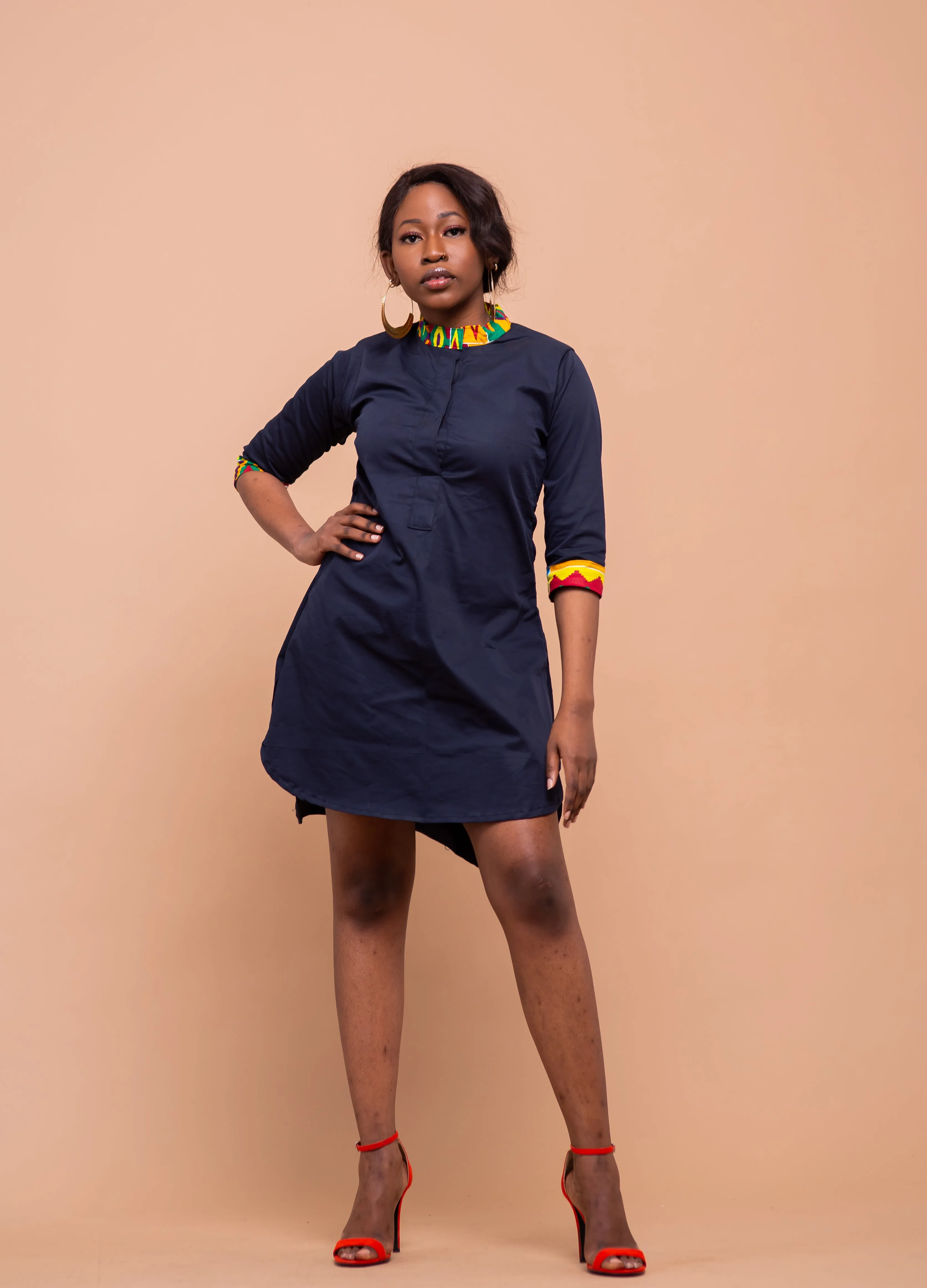 Dalton Midi Dress | Navy Blue and Ankara Mixed African Print