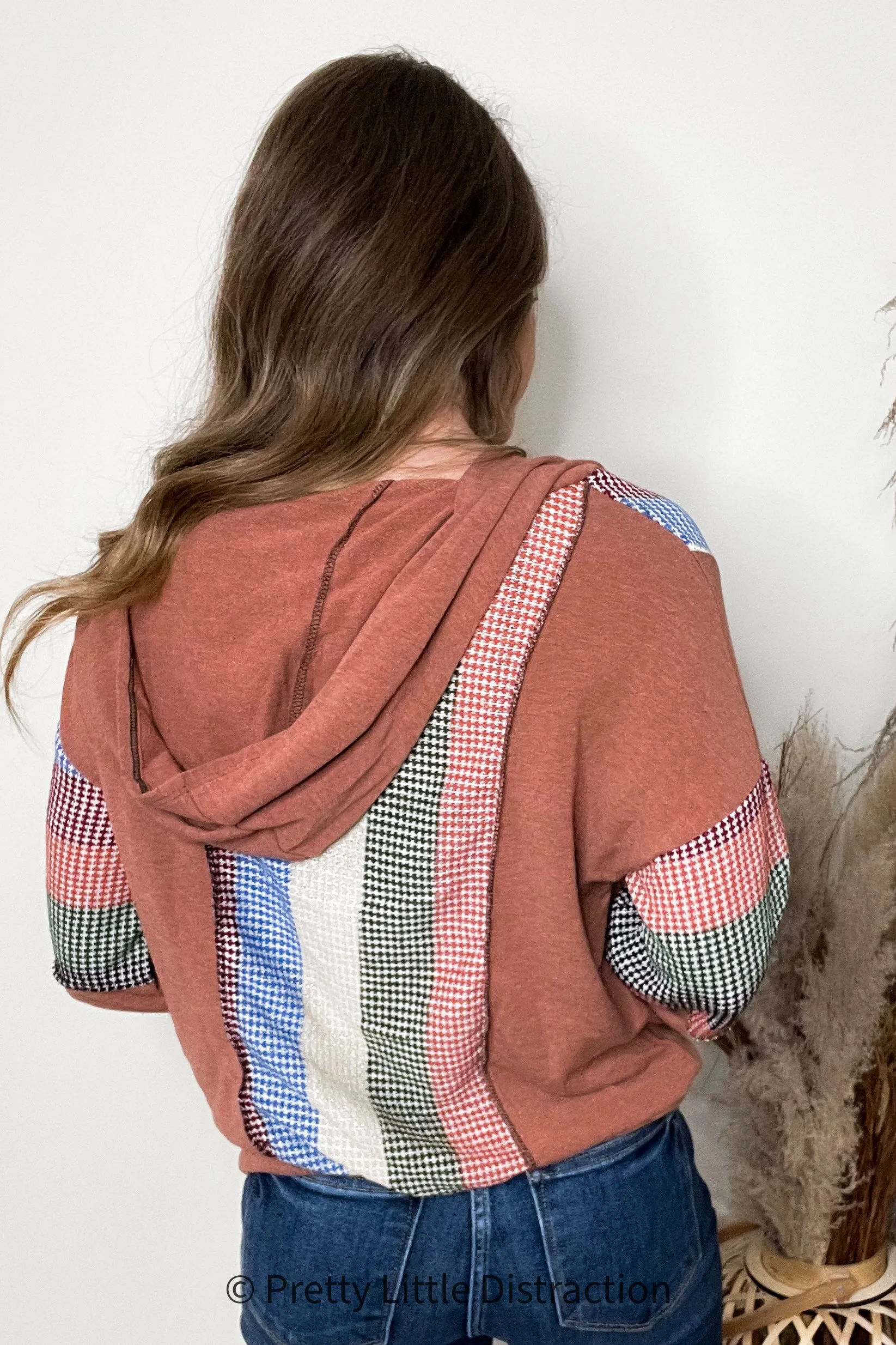 Feeling Vintage Rust & Blue Stripe Textured Notched Hoodie