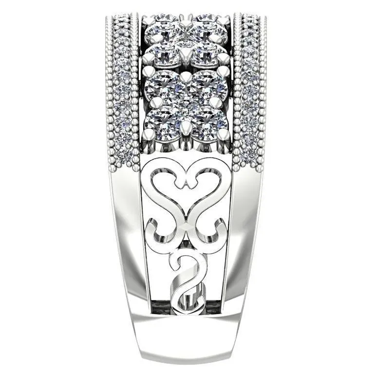 Flower Diamond Milgrain Ring with Side Detail 14K White Gold