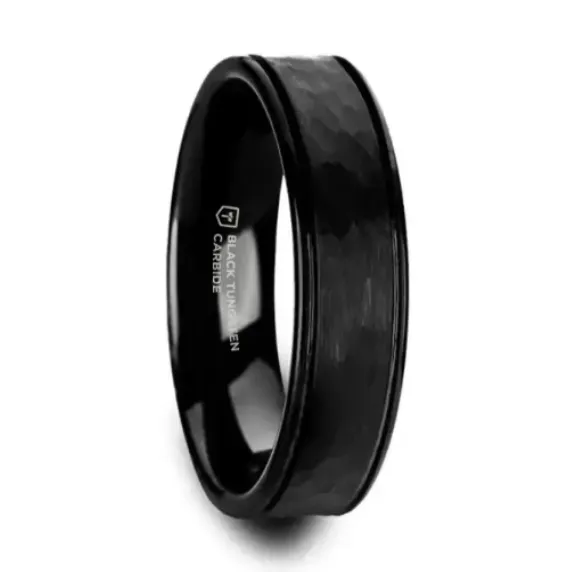 Hammered Black Tungsten Carbide Ring with Dual Offset Grooves and Polished Edges