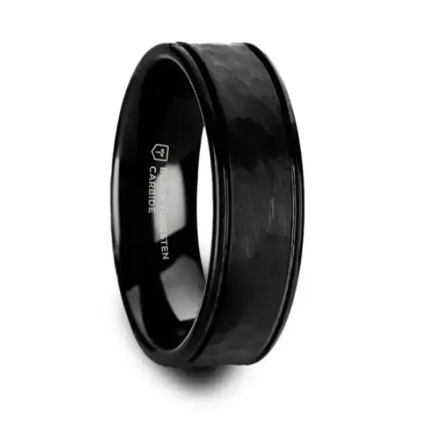 Hammered Black Tungsten Carbide Ring with Dual Offset Grooves and Polished Edges