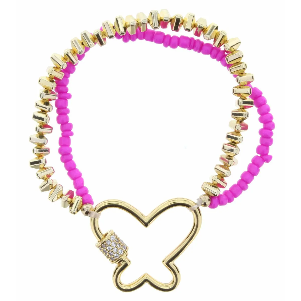 KIDS HOT PINK & GOLD 2 LAYER STRAND WITH BUTTERFLY CARABINER BRACELET