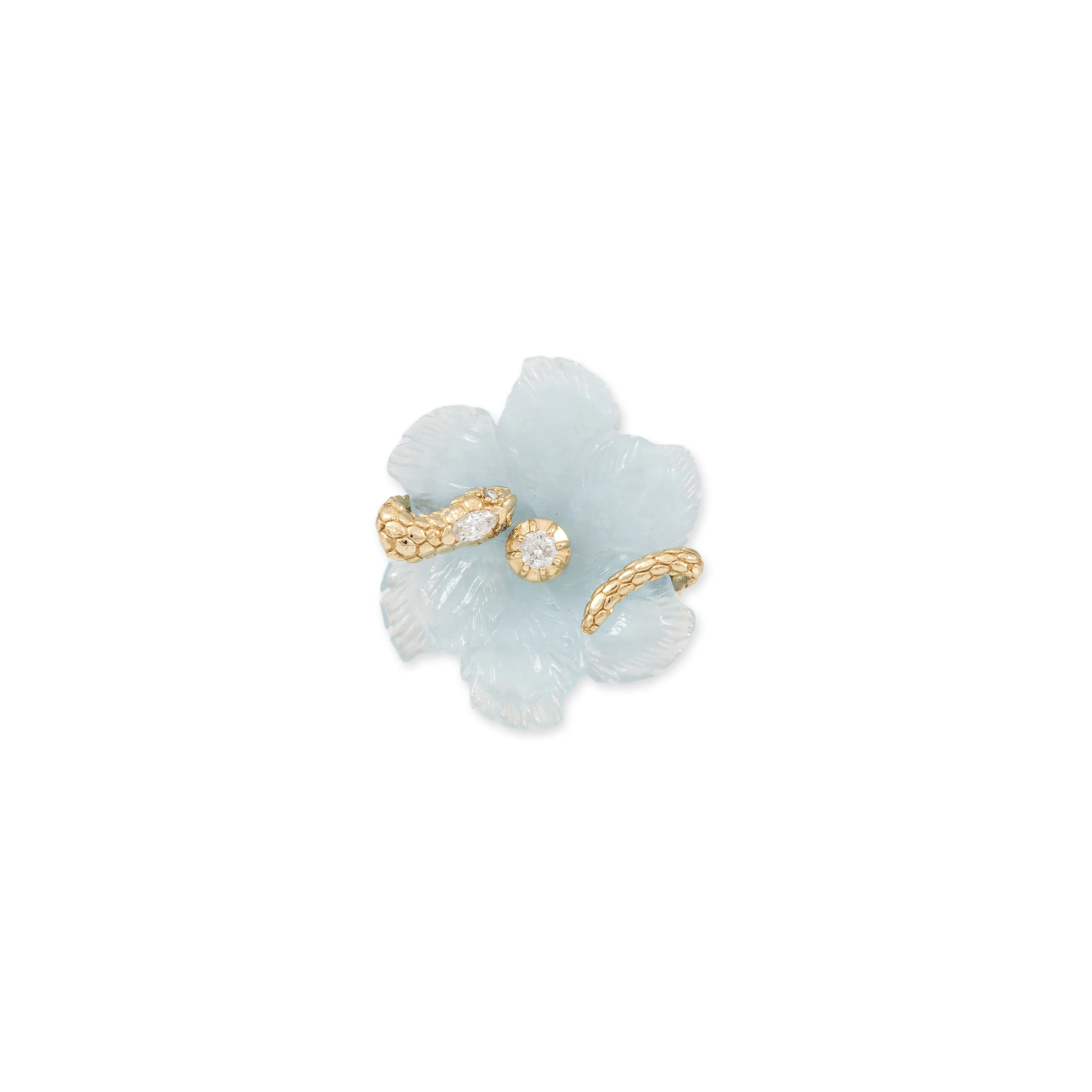 LARGE SNAKE WRAPPED AQUAMARINE FLOWER PAVE RING