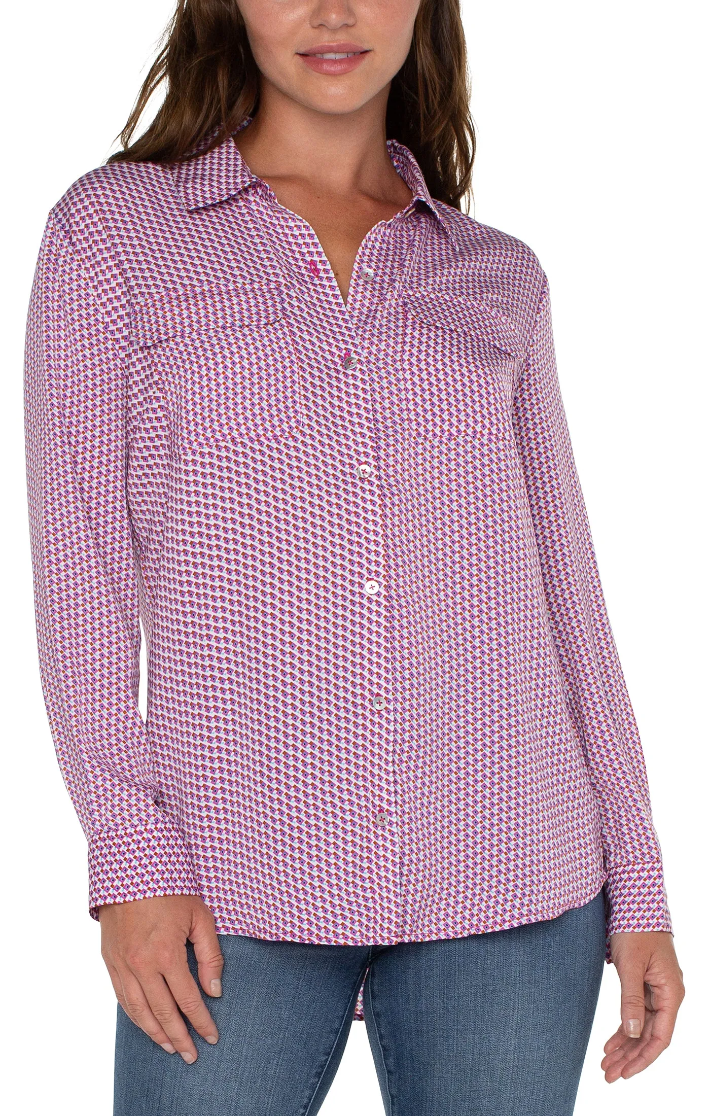 Liverpool Flap Pocket Button Front Blouse (fuchsia geo)