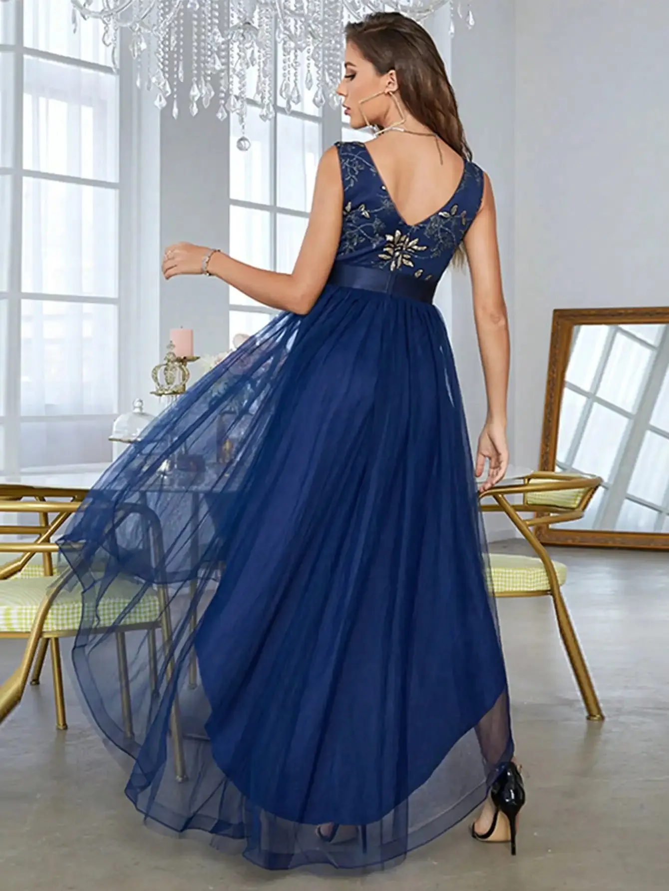 Mgiacy V-neck sequin embroidered front short back long net elegant evening gown ball dress Party dress Bridesmaid dress