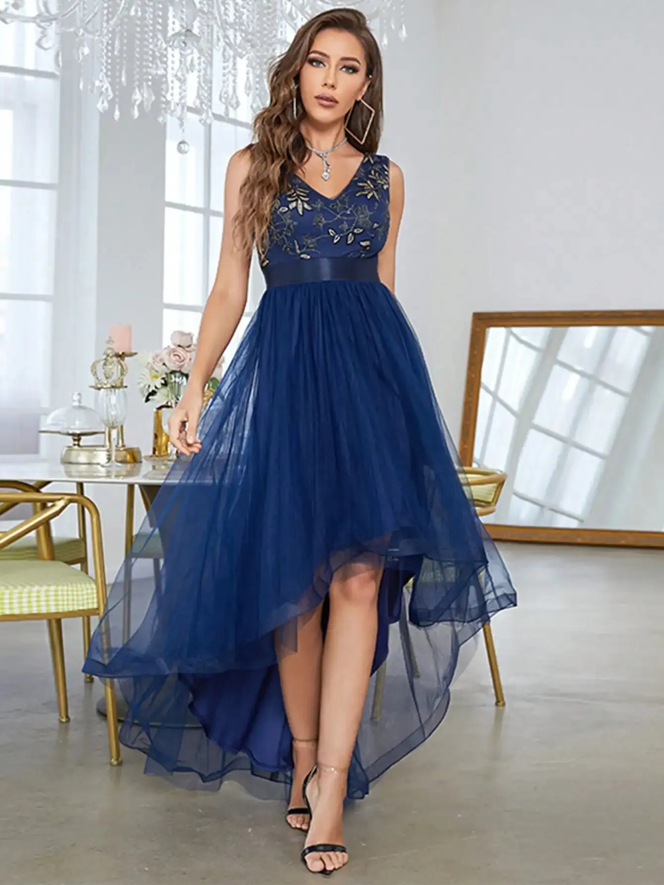 Mgiacy V-neck sequin embroidered front short back long net elegant evening gown ball dress Party dress Bridesmaid dress