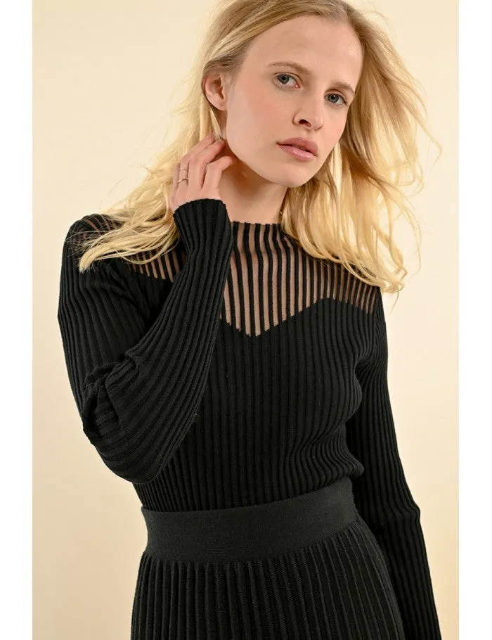 Molly Bracken Black Ribbed Sweater With Fishnet Bust