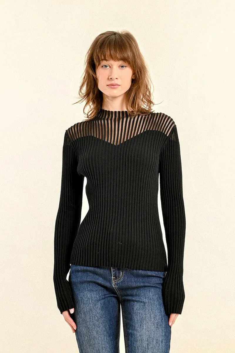 Molly Bracken Black Ribbed Sweater With Fishnet Bust