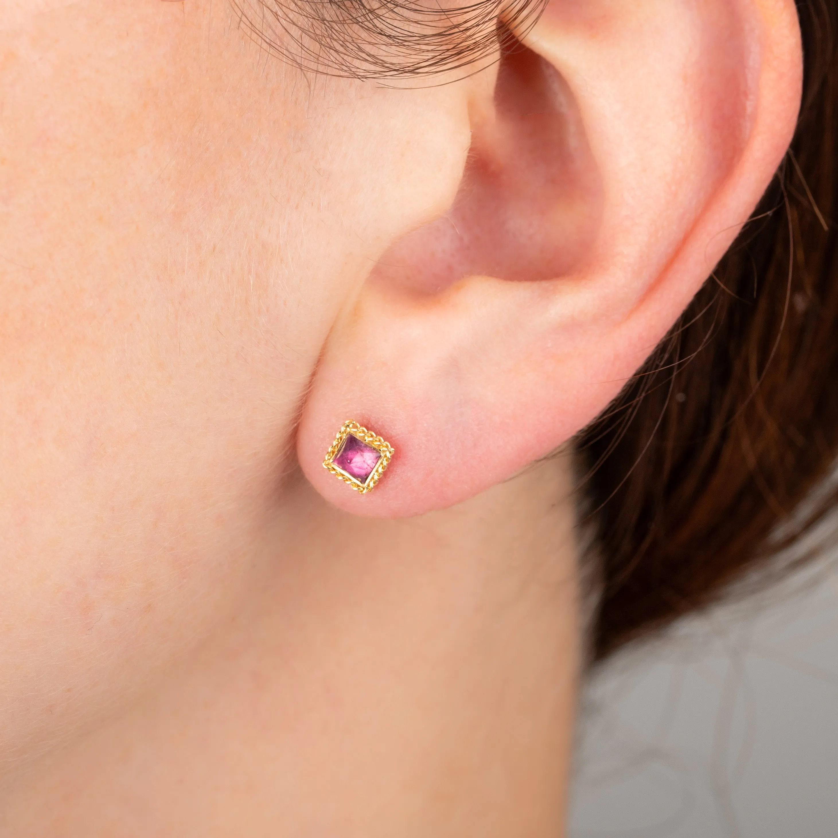 Pink Square Tourmaline Stud Earrings