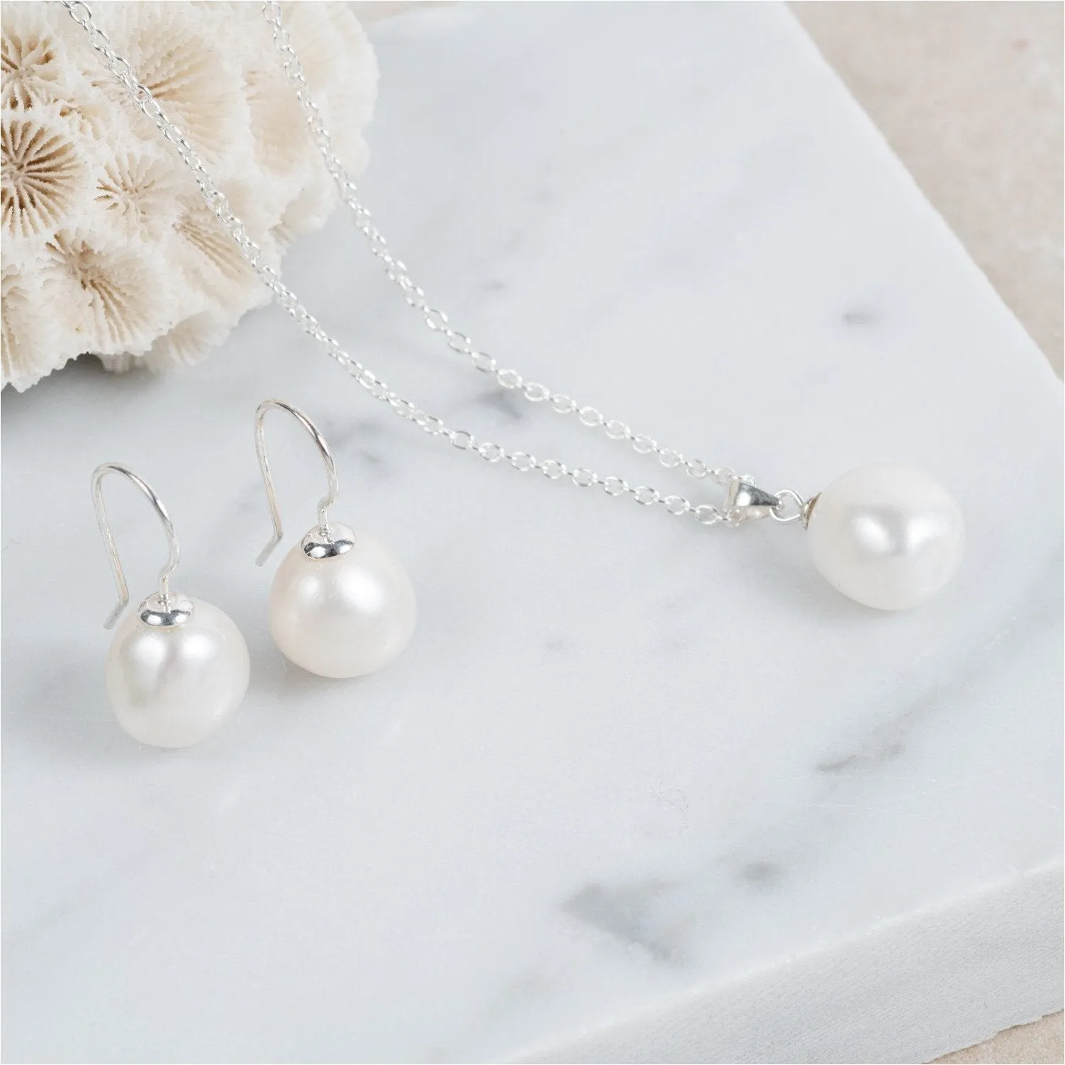 Triora Baroque White Pearl & Silver Drop Earrings